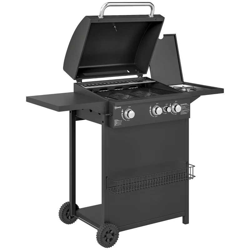 Outsunny Barbecue gaz 3+1 brûleurs en acier, puissance 9,5 kW, barbecue de jardin 2 grilles étagères latérales, 2 roues, noir