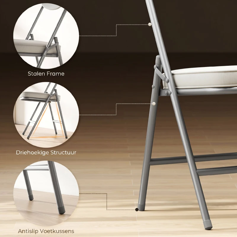 HOMCOM 4-delige Set Gestoffeerde Opklapbare Stoelen, Opvouwbare Stoelen met Corduroy Bekleding, Rugleuning, Metalen Frame, Crèmewit(m-6)
