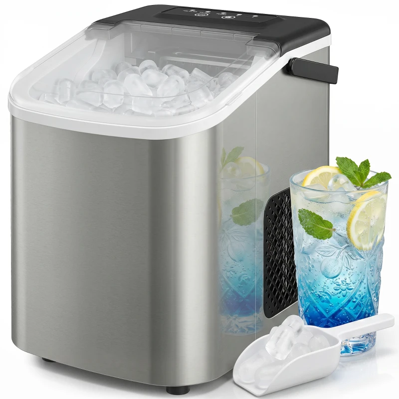 HOMCOM Ice Maker Machine Countertop, 9 Cubes Ready in 7 Mins, 12 KG in 24Hrs, 2 Sizes of Bullet, Self-Cleaning Ice Machine with Handle, Scoop & Basket for Home Kitchen Office RV, Stainless Steel