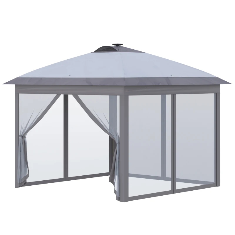 Outsunny 3,3 x 3,3 m Inklapbare Partytent met LED-verlichting, Meshgordijnen, Draagtas, Grijs