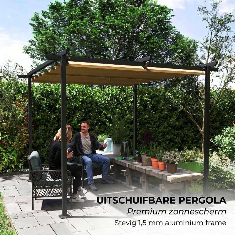 Outsunny 3 x 3 m Tuinpergola met Verstelbaar Dak, Metalen Frame, UPF30+ Bescherming, Zonnedak voor Veranda, Terras, Beige