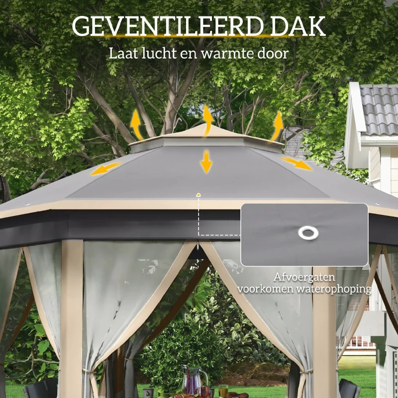 Outsunny Paviljoen 4x4 tuinpaviljoen zeshoekig opvouwbaar met draagtas dubbel dak beige+ kaki