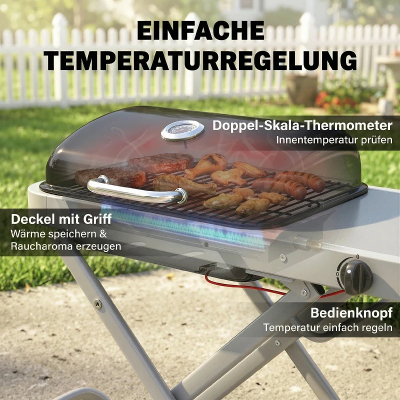 Outsunny Tragbarer Gasgrill 1-Brenner 2,5kW Grillwagen mit Faltbarem Rollwagen Grillrost Seitentisch Deckel Thermometer