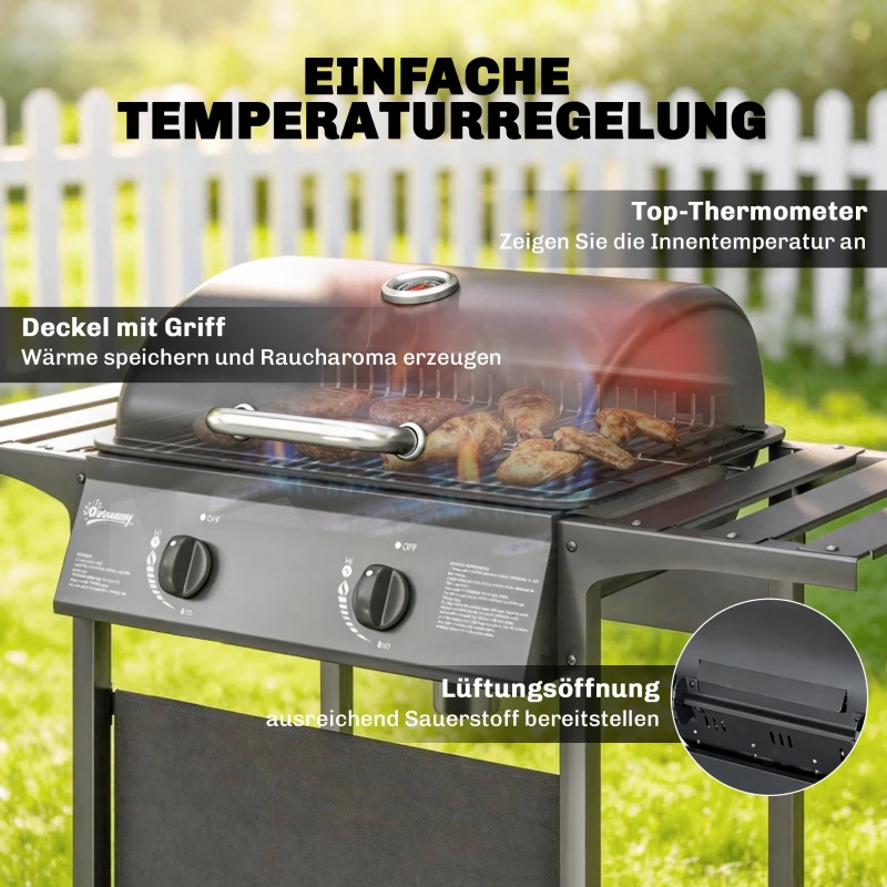 Outsunny Gasgrill 5 KW 2 Brenner BBQ Grillwagen Edelstahl inkl Seitentisch Unterkorb Frontabdeckung Thermometer Emaille-Grillrost