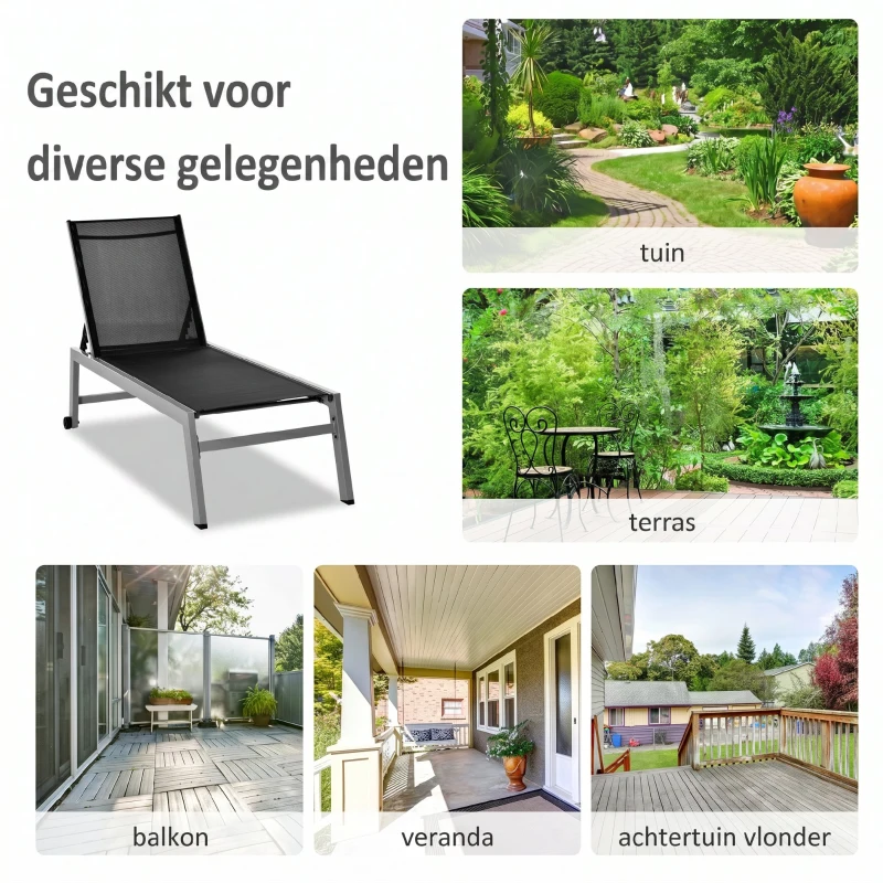 Outsunny Ligstoel tuinstoel 5-traps rugleuning aluminium zwart