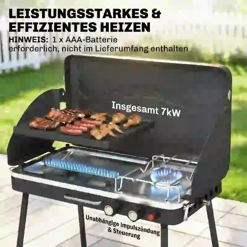 Outsunny Tragbarer Gasgrill 2 Brenner 7 kW 2-in-1 Tischgrill mit Braten klappbar Beinen Grillrost Windschutz Deckel Verschluss