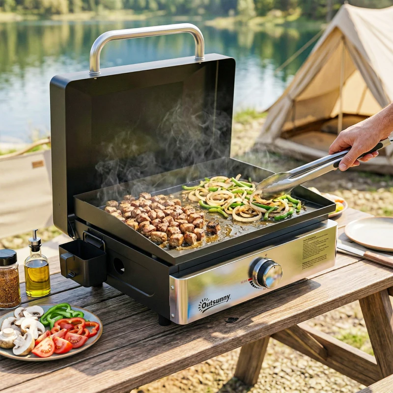 Outsunny Grill Griddle, Portable Gas Plancha, 3.5 kW, Tabletop Gas BBQ with Grease Cup for Camping Picnic Patios, Black