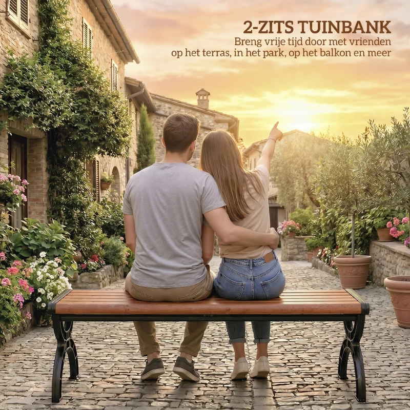 Outsunny Tuinbank 2-zits, buitenbank met metalen frame en lattenzitting, terrasmeubilair voor tuin en terras