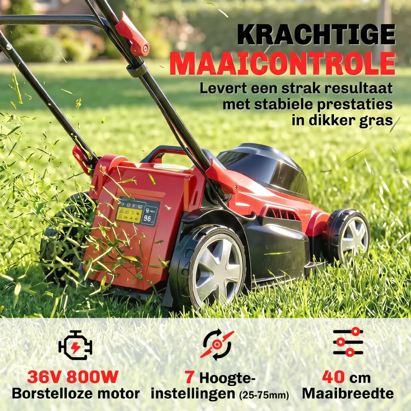 Outsunny Elektrische Grasmaaier 800 W met 40 cm Snijbreedte 45L Vangbak Accu-indicator Overbelastingsbeveiliging 7 Maaihoogtes