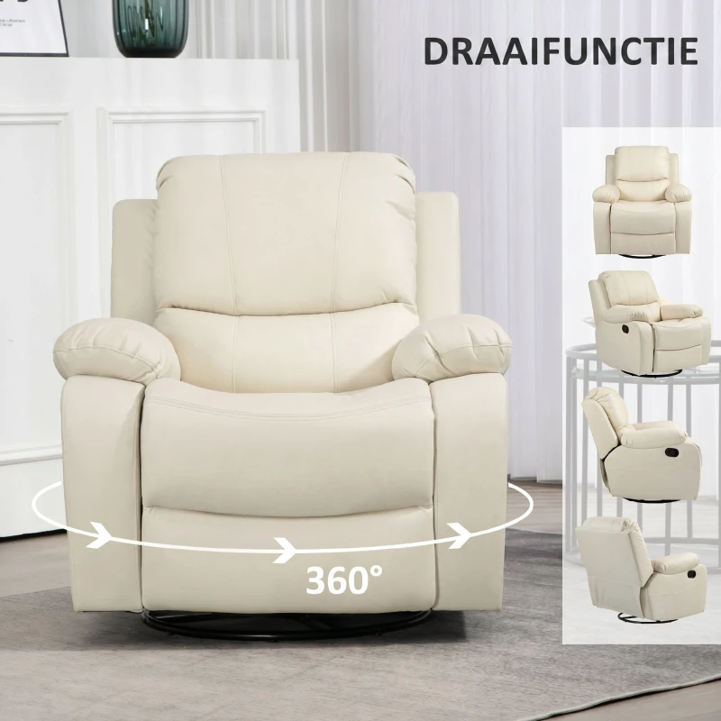 HOMCOM Relaxstoel, verstelbare leuning & voetsteun, draaibaar, tot 150 kg, stalen frame, 93x100x98cm, Crèmewit(m-6)