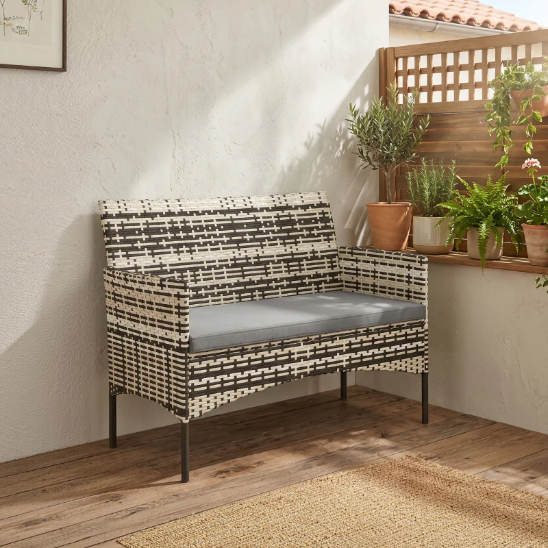 Outsunny Canapé de jardin 2 places en résine tressée avec coussins canapé d'extérieur avec accoudoirs 115 x 63 x 85 cm gris clair