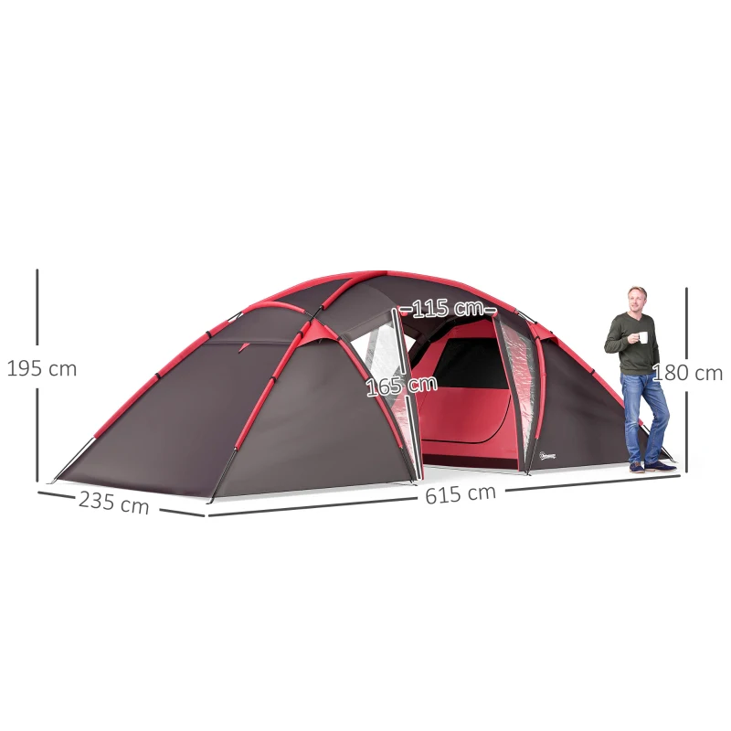 Outsunny Tenda a tunnel per 4-6 persone con 3 ambienti e doppie porte, Grigio