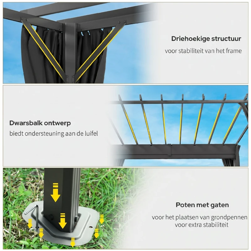 Outsunny Pergola ca. 3,6x3 m Tuinpaviljoen Terrasoverkapping van Aluminium Tuinoverkapping met Verstelbaar Dak Donkergrijs