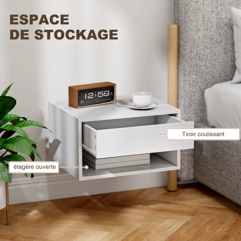 HOMCOM Lot de 2 tables de chevet murales, tables de nuit, tiroir, compartiment ouvert, plateau, 37 x 32 x 21 cm, blanc