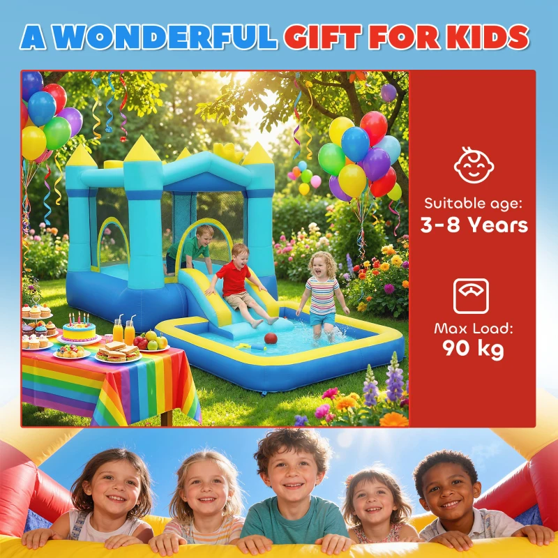 AIYAPLAY Springkasteel Opblaasbaar Speelcentrum met Luchtblazer Glijbaan Trampoline Zwembad/Ballenbak Waterpistool 364x173x182 cm Blauw