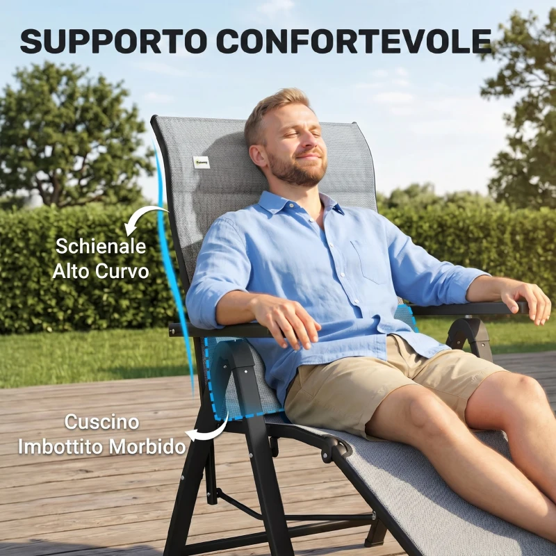 Outsunny Sdraio da Giardino Zero Gravity Pieghevole e Reclinabile a 9 Livelli con Cuscino Lombare, Grigio