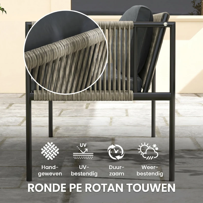 Outsunny 4-delige Tuinmeubelset: Sofa, 2 Fauteuils, Glazen Tafel met Kussens - Stalen Frame, Kunststof Rotan, Grijs