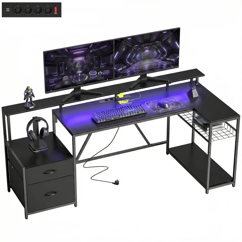 HOMCOM Scrivania Gaming Angolare con Hub di Ricarica, Luci LED e Supporto Monitor, in Legno e Acciaio, 192.5x80x86.5 cm, Nero