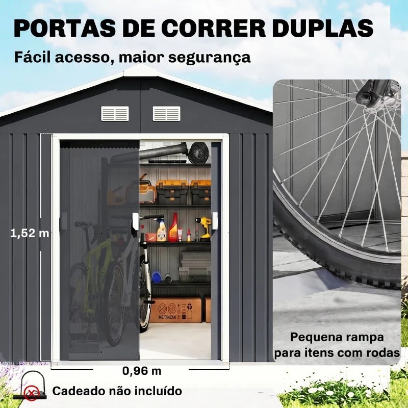 Outsunny Abrigo de Jardim Metálico para Armazenamento de Ferramentas com Base de Reforço Incluída e 4 Janelas 277x322x192 cm Cinza Escuro