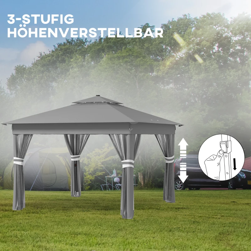 Outsunny Gartenzelt mit solarbetriebenen LED´s Gartenzelt mit Beleuchtung, 336 cm x 336 cmx 270 cm, Grau
