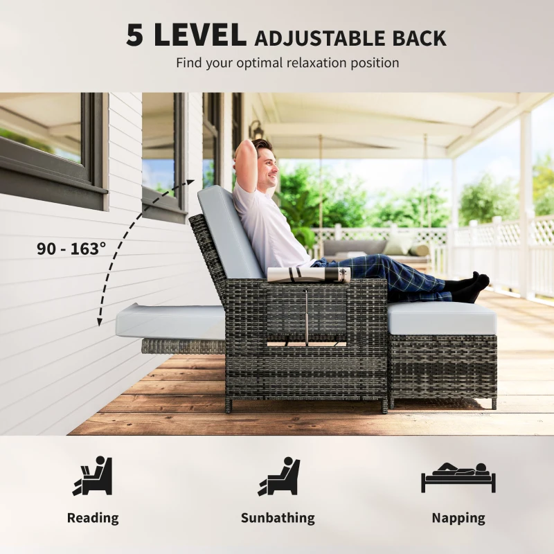 Outsunny Gartensofa mit Liegefunktion, ausfahrbare Fußbank mit Stauraum, Sitzkissen, grau, 130 x 72 x 96 cm