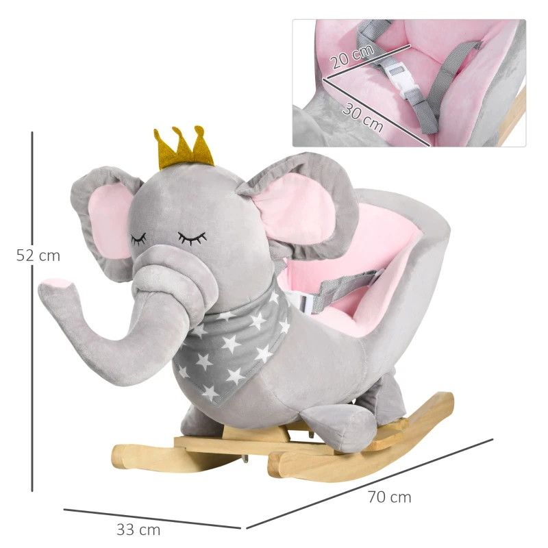 HOMCOM Schaukeltier Elefant, Sicherheitsgurt, gepolsterter Sattel, Soundfunktion 60 cm x 33 cm x 45 cm, Grau + Rosa