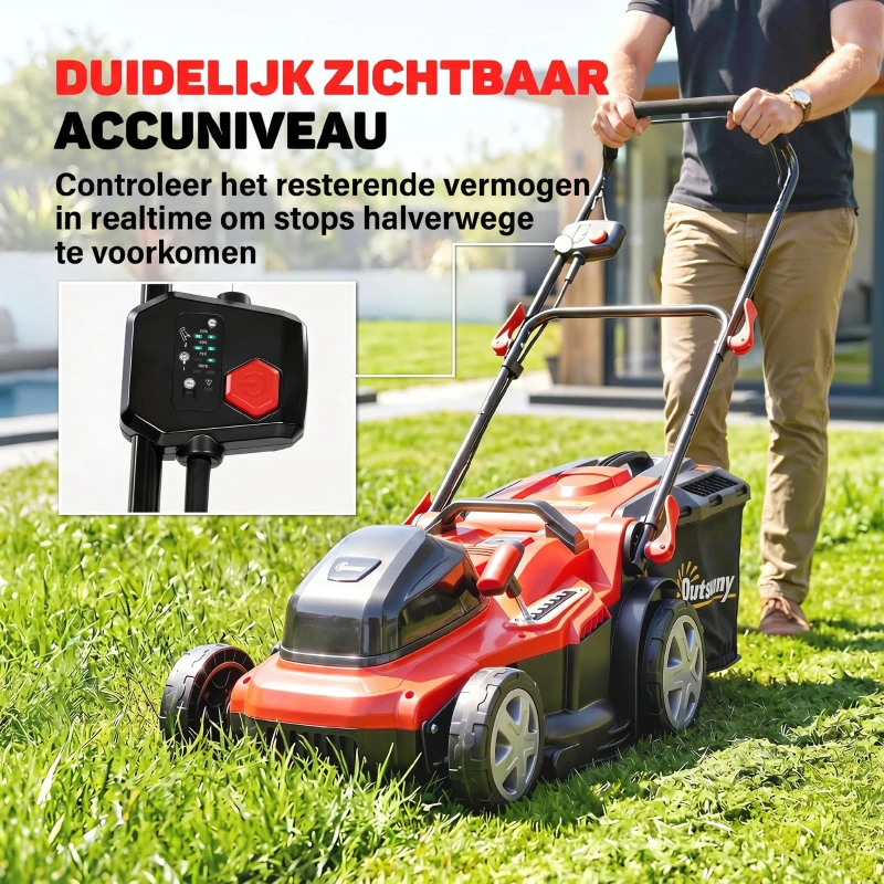 Outsunny Elektrische Grasmaaier 800 W met 40 cm Snijbreedte 45L Vangbak Accu-indicator Overbelastingsbeveiliging 7 Maaihoogtes