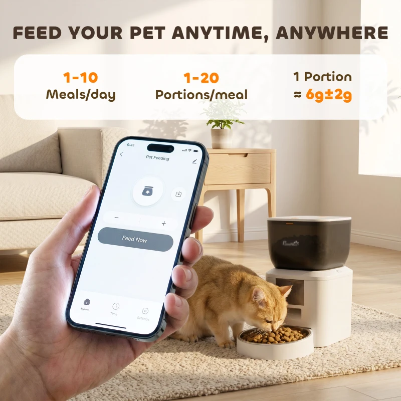 PawHut Automatische kattenvoerautomaat, 2,4G WLAN, 4L, App-Steuerung, 1–10 maaltijden, 10s voeroproep