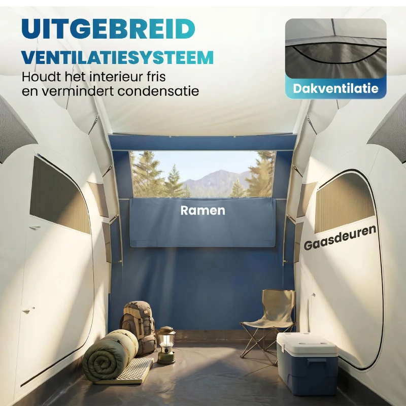 Outsunny Opblaasbare Tent voor 4 Personen – Snel op te zetten Outdoor Camping Tent met 2 Slaapkamers, Meshramen en Luifel