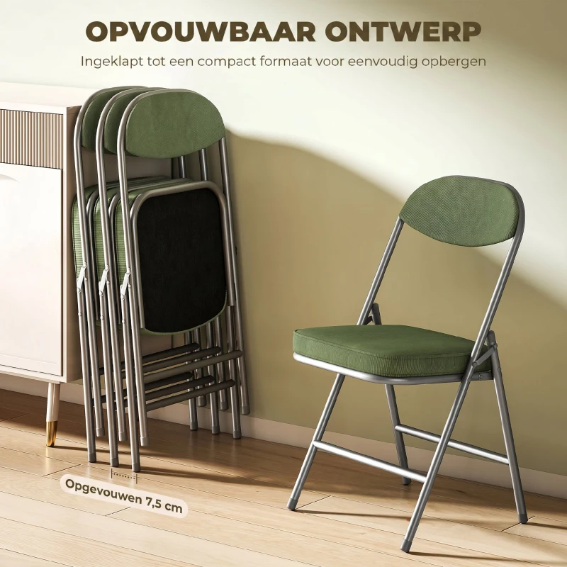 HOMCOM Set van 4 gepolsterde klapstoelen, opvouwbare stoelen met ribfluweelbekleding, rugleuning, metalen frame, groen