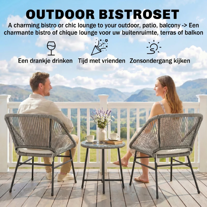 Outsunny 3-Delig Outdoor Meubelset, 1 Tafel, 2 Stoelen, Rotan Vlecht, Stalen Frame, Koffietafel Met Glazen Blad, Donkergrijs
