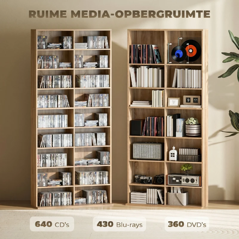 HOMCOM 9-laags dvd-rek met 18 vakken en 14 verstelbare planken, ruimte voor 640 cd's, 360 dvd's of 430 Blu-rays, natuurlijk hout