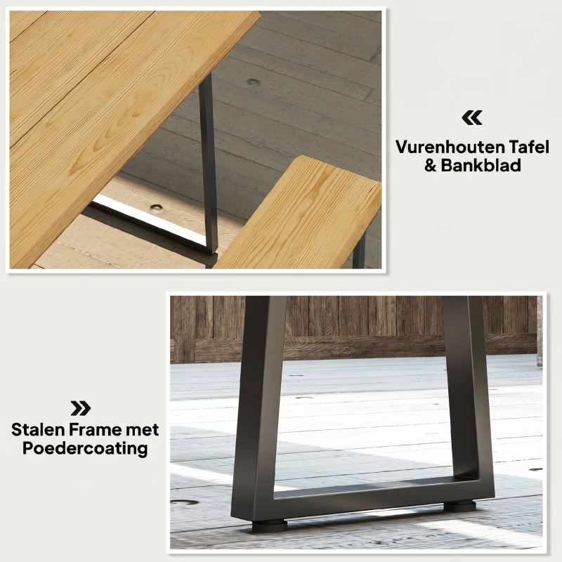 Outsunny 3-delige houten zitgroep voor 6 personen met eettafel en 2 banken, parasolgat, 178 x 76 x 77 cm, natuurlijk hout