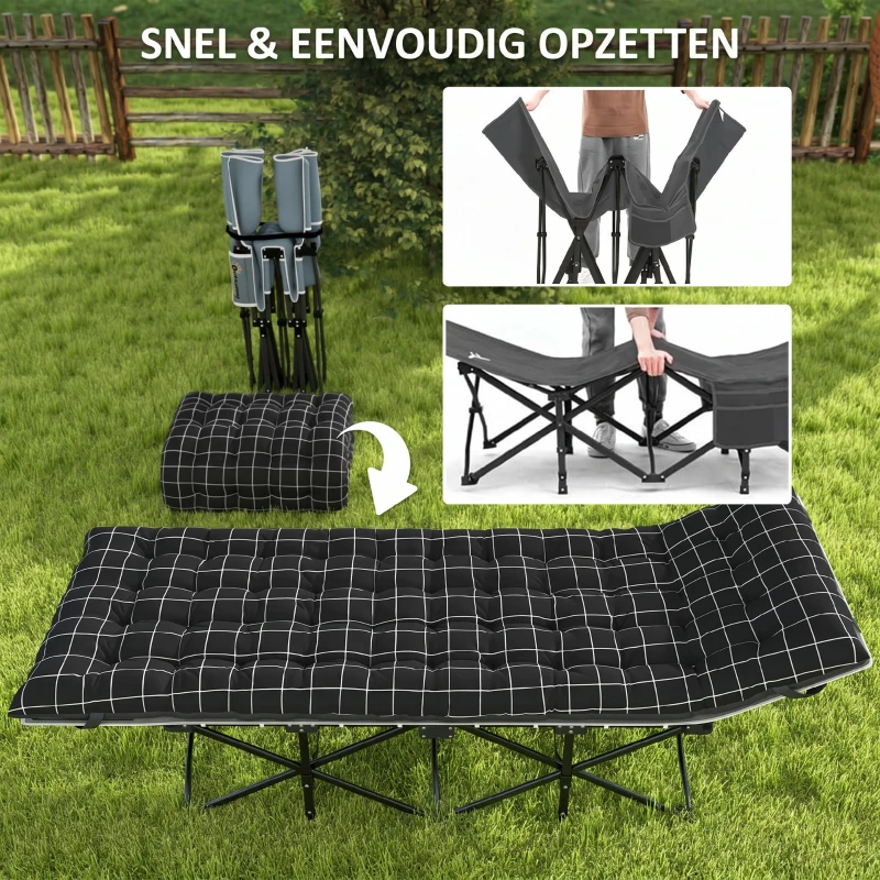 Outsunny Opvouwbaar Campingbed, Veldbed met Matras, Ergonomisch, Metalen Frame, Zwart