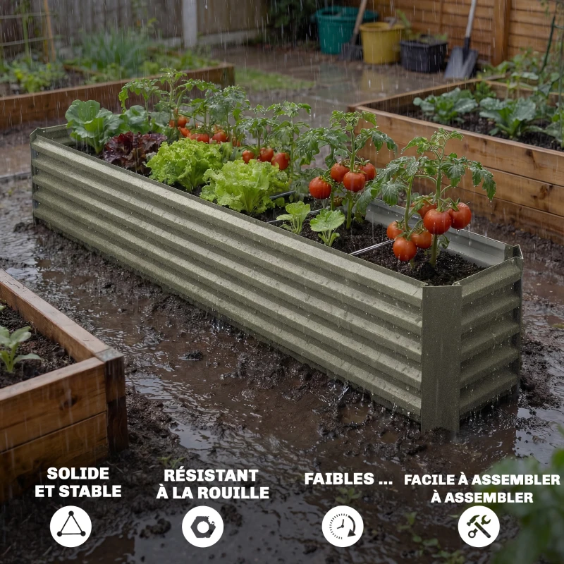 Outsunny Carré potager potager surélevé acier galvanisé barres de soutien et plaques d'angle fond ouvert 240x40x45cm gris argenté