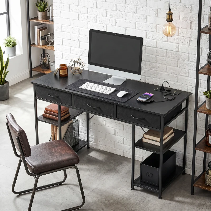 HOMCOM Birou cu spațiu de depozitare cu prize electrice, 3 sertare din material textil și 4 polițe de depozitare, 120 x 40 x 76 cm, negru