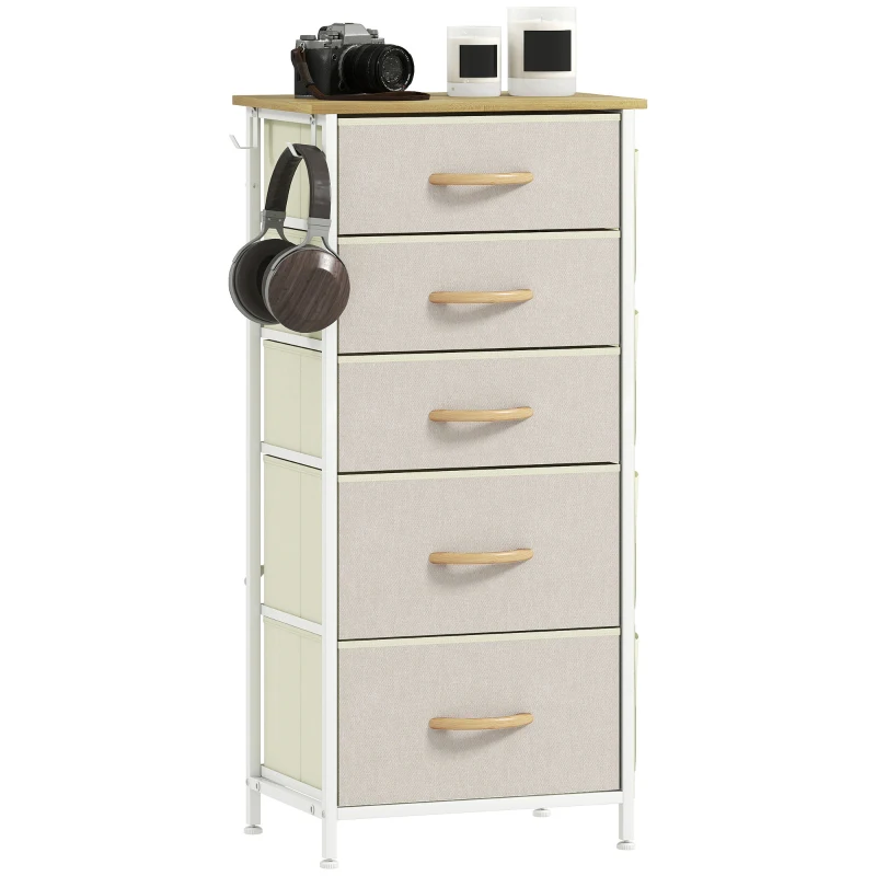 HOMCOM Schlafzimmer-Kommode mit 5 Stoffschubladen, Stahlstreben, Holzoberfläche, 4 Aufbewahrungstaschen, 2 Haken, Beige