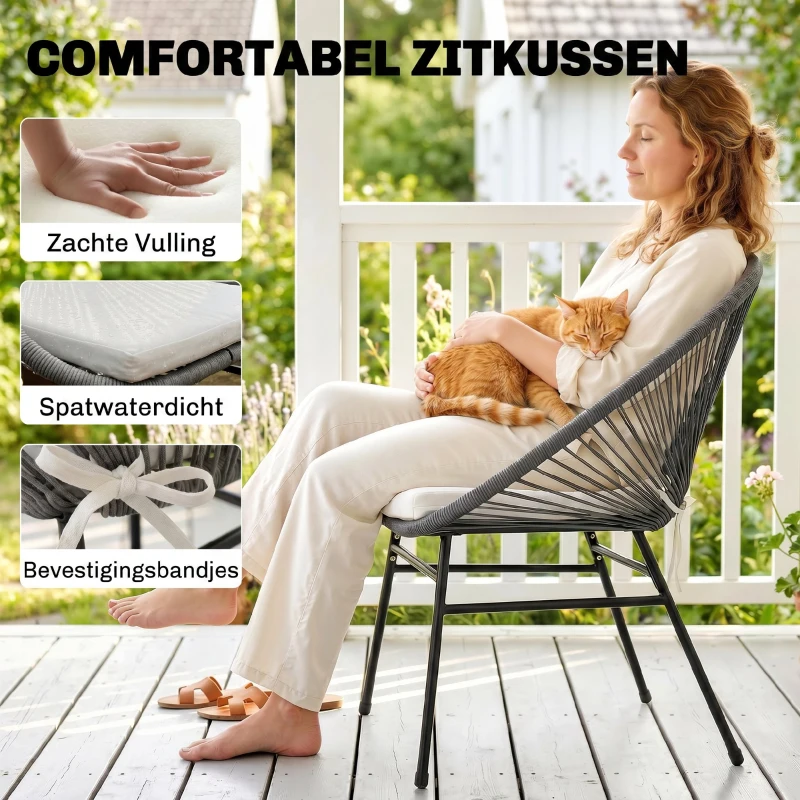 Outsunny 3-Delig Outdoor Meubelset, 1 Tafel, 2 Stoelen, Rotan Vlecht, Stalen Frame, Koffietafel Met Glazen Blad, Donkergrijs