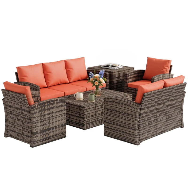 Outsunny 6 Pieces Rattan Garden Furniture Set, 7 Seater Wicker Outdoor Furniture Set with Storage Tea Table & Side Table, Sectional Garden Sofa Set with Cushions, Orange