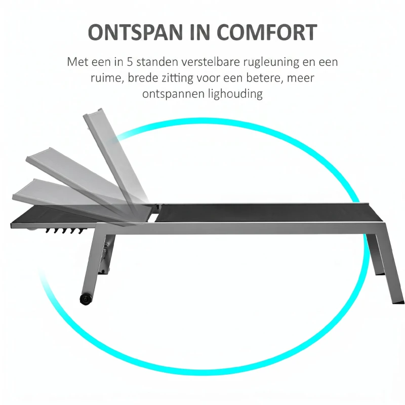 Outsunny Ligstoel tuinstoel 5-traps rugleuning aluminium zwart