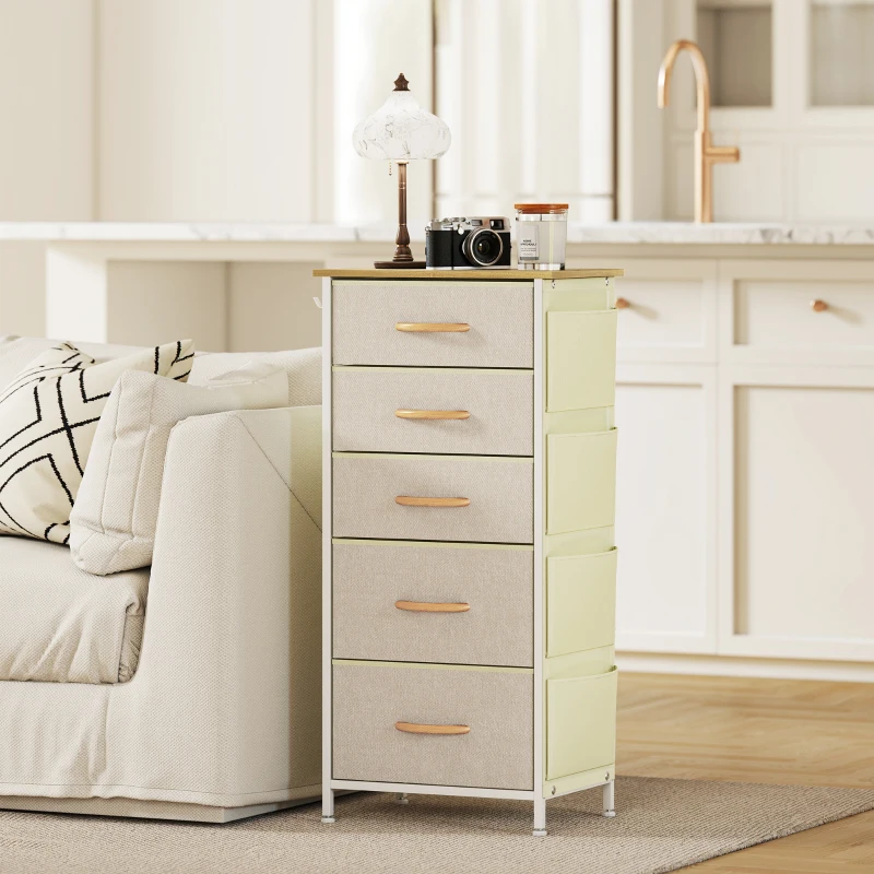 HOMCOM Schlafzimmer-Kommode mit 5 Stoffschubladen, Stahlstreben, Holzoberfläche, 4 Aufbewahrungstaschen, 2 Haken, Beige