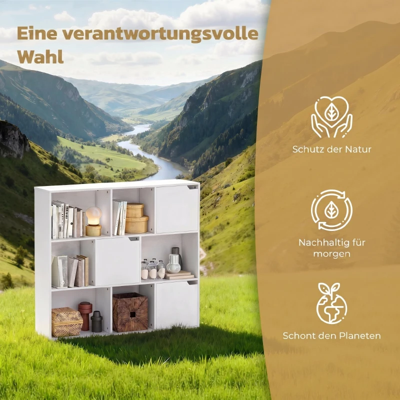 HOMCOM Bücherregal, 9 Fächern, 3 Türen, 6 offene Regale, für Wohnzimmer, Schlafzimmer, Spanplatte, Weiß