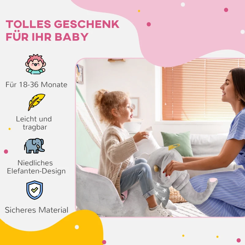 HOMCOM Schaukeltier Elefant, Sicherheitsgurt, gepolsterter Sattel, Soundfunktion 60 cm x 33 cm x 45 cm, Grau + Rosa