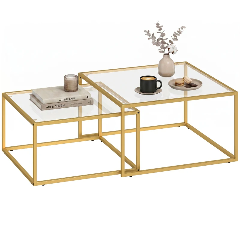 HOMCOM 2 mese de cafea pătrate mese nido moderne cu blat din sticlă securizată și structură metalică 75x75x42 cm Auriu
