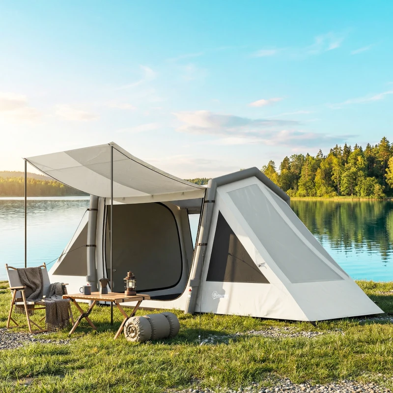 Outsunny Opblaasbare Tent 6 Personen Snelle Opbouw Outdoor Tent voor Kamperen met 2 Slaapkamers Veranda Ramen