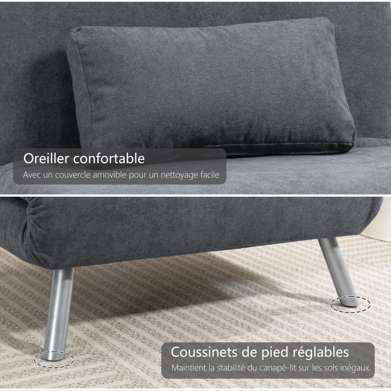 HOMCOM Fauteuil convertible 1 place, fauteuil-lit clic-clac 3 en 1 avec dossier réglable, oreiller, assise large, gris foncé