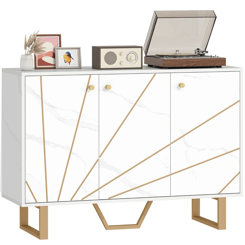 HOMCOM Móvel de Arrumação Buffet para Sala com 2 Armários 3 Portas e Prateleira Ajustável Pés em Metal Aspeto Mármore Branco