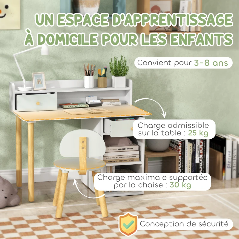 AIYAPLAY Bureau enfant avec chaise, table enfant et chaise avec 2 tiroirs et étagères ouvertes, 85 x 48 x 73 cm, vert