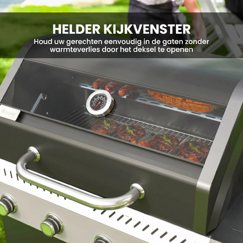 Outsunny Gasgrill 12 KW Grillwagen met 5 Branders, Zijkoker, Deksel, Thermometer, Zijplanken 135 x 54 x 110 cm