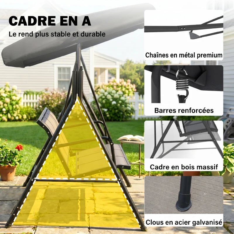 Outsunny Balancelle de Jardin 3 Places Grand Confort Toit Inclinaison réglable Assise et Dossier Ergonomique Acier époxy textilène Noir